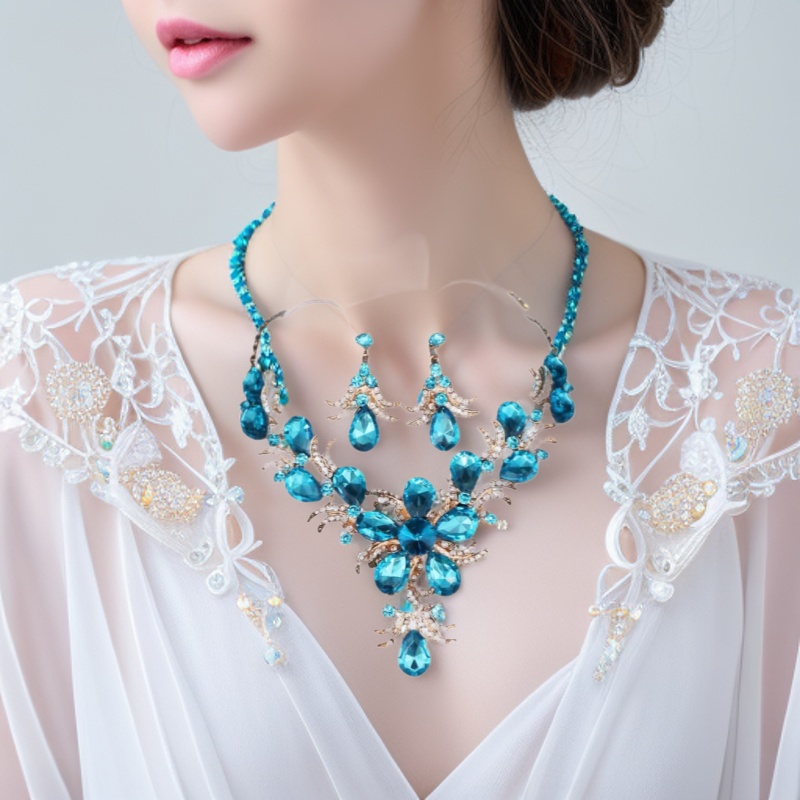 日本品质套装欧美项链首饰锁骨水晶夸张玛瑙红宝石吊坠链条新娘礼