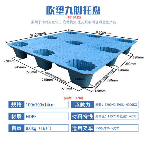 好货奕多美吹塑九脚塑料托盘1000*1000*140mm工业地堆货物叉车托