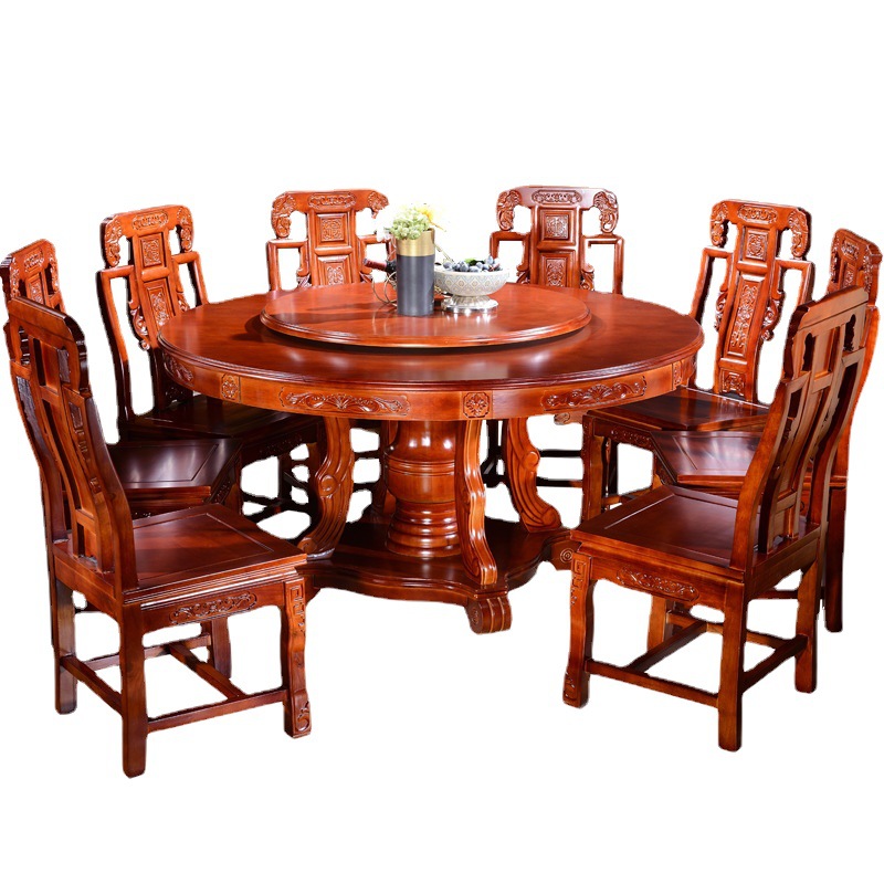 圆形餐桌椅组合带转盘中式家用10人饭桌1.8米雕花实木橡木大圆桌