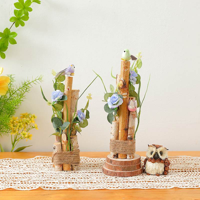 田园风树桩小鸟摆件仿真花盆景工艺品摆设客厅阳台幼儿园装饰品