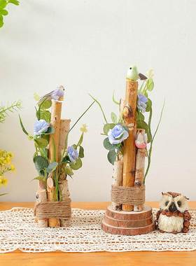 田园风树桩小鸟摆件仿真花盆景工艺品摆设客厅阳台幼儿园装饰品