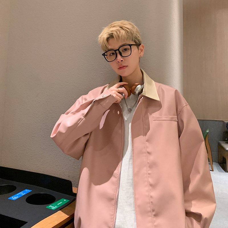 粉色皮衣外套男2024春季新款高级感痞帅潮流宽松休闲撞色翻领夹克