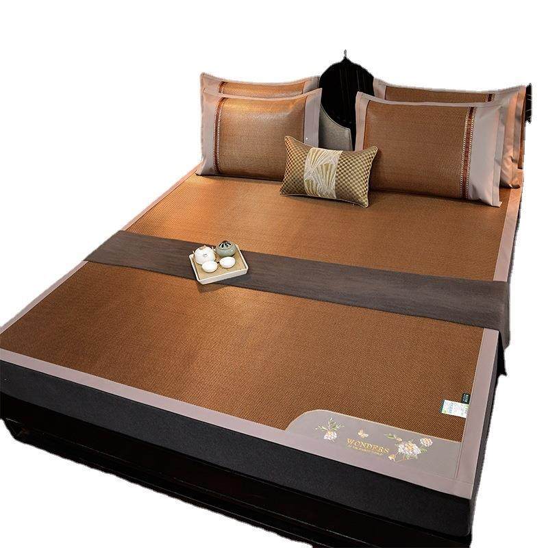 双面藤席三件套可折叠凉席床笠款可机洗冰丝席刺绣软席子厂家