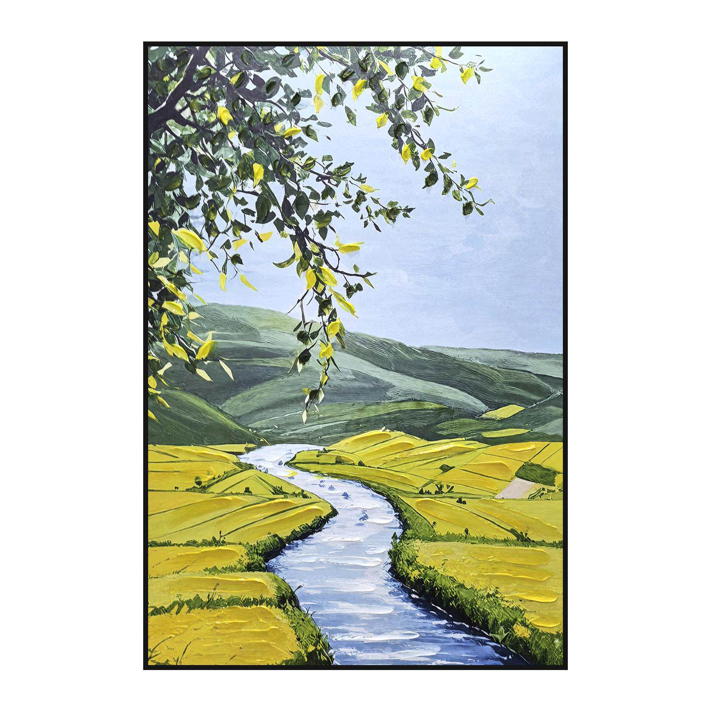 立体肌理金山河流油画竖版玄关入户新中式招财厚涂风景手绘装饰画