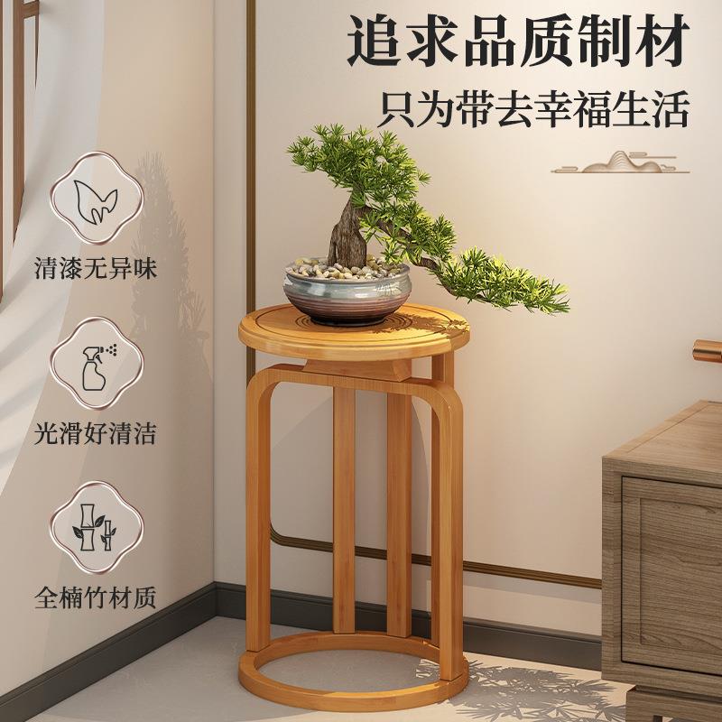 新中式仿古花架实竹落地花盆置物架加粗圆形花台摆件古董展示架子