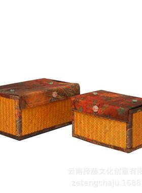 手DM6工竹编纸巾盒缎面印花中布抽艺纸盒式茶艺茶桌摆桌面收纳件