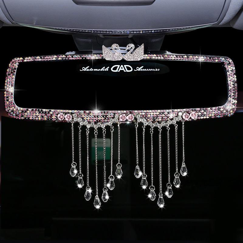 镶钻天鹅流苏汽车后视镜装饰车载车内倒车镜水钻后视镜套饰品挂件