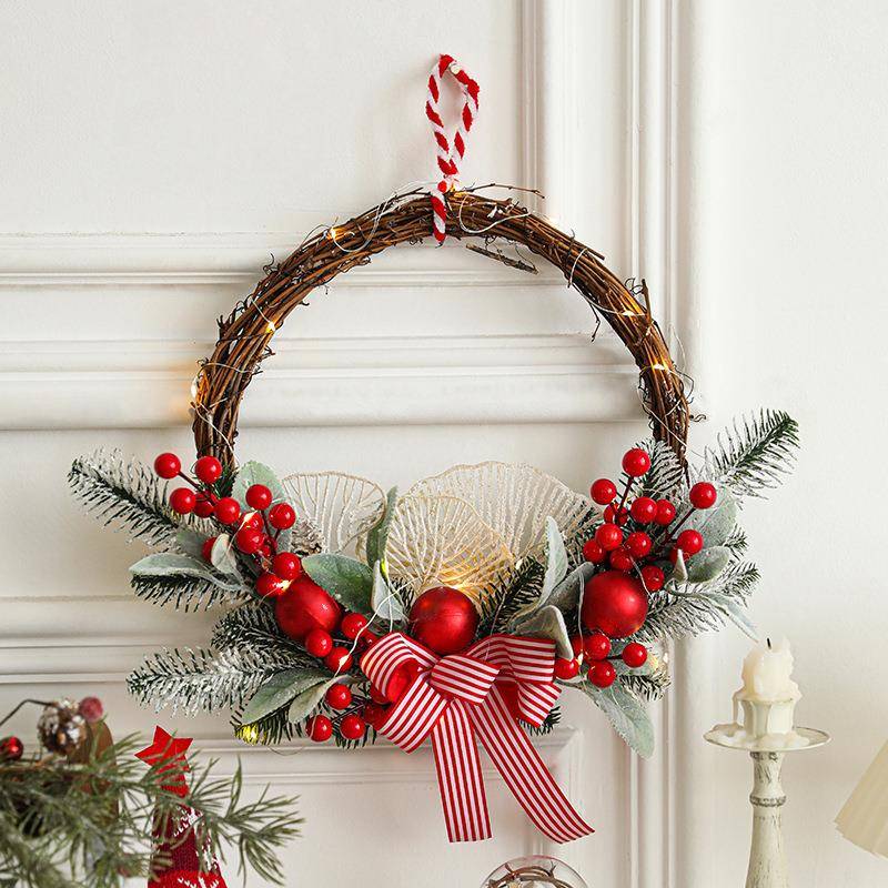 木质圣诞花环蝴蝶结松果红果编织藤条氛围布置圣诞节橱窗装饰门挂