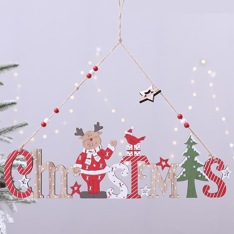 圣诞节创意木质英文牌挂件圣诞树上麋鹿老人挂牌商场橱窗装扮道具