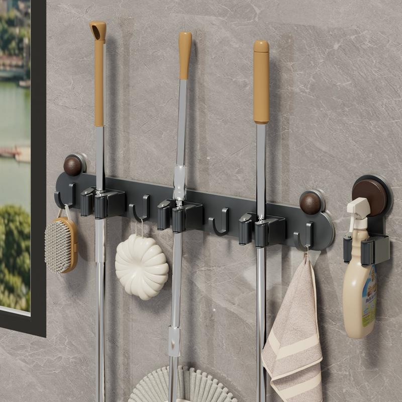浴室奶油风拖把夹挂钩免打孔卫生间收纳神器拖布扫把固定架壁挂式