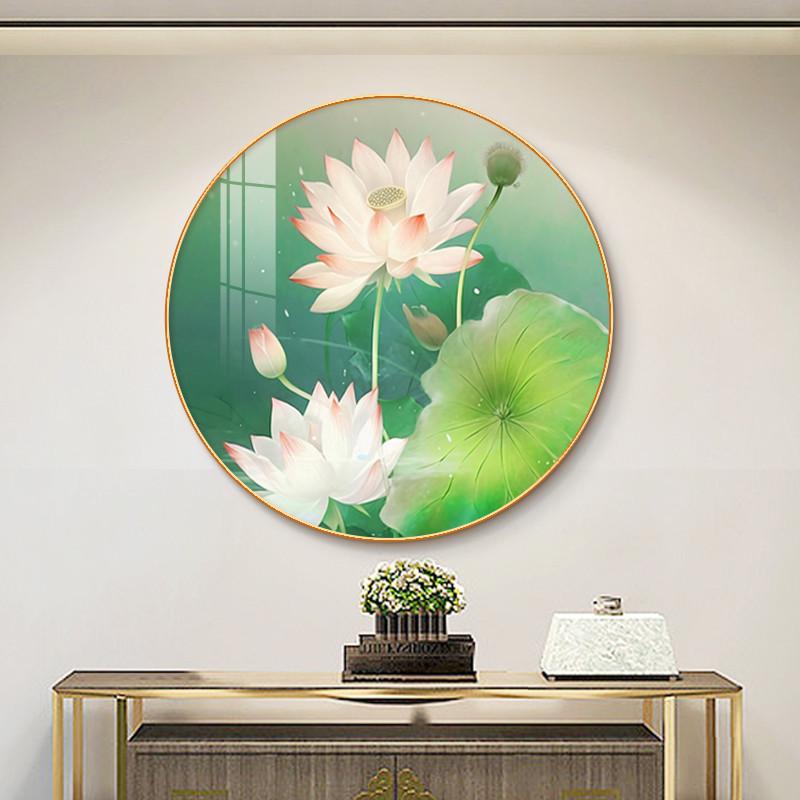 速发荷花挂画入户玄关圆形装饰画客厅茶室走廊过道尽头新中式大气图片