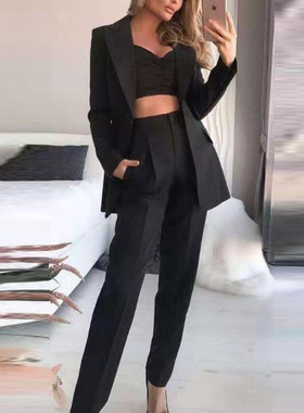 Woman Vintage Black Slim Fit Blazer 3 Pcs Suit Autumn Elegan