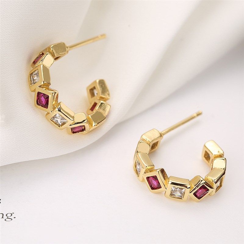 澳古 跨境欧美时尚轻奢铜镀真金锆石C形耳针女小众个性复古耳环新