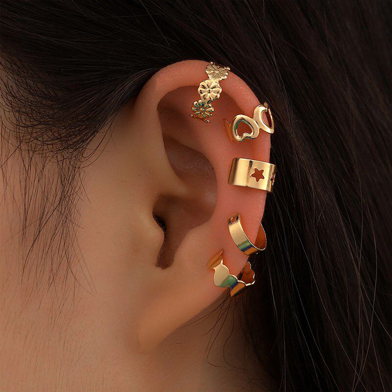 跨境欧美耳夹无耳洞可戴女耳饰五件套装几何镂空创意耳夹女气质