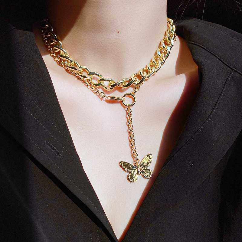 欧美夏季三哥芮芮同款OL商务通勤蝴蝶粗细链条双层项链性感锁骨链