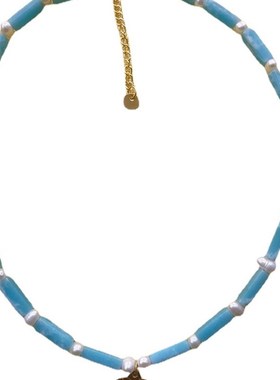 欧美2023春季新款爱心吊坠博主推荐蓝色天然石淡水珍珠项链锁骨链