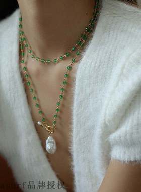 National Style Bead Necklace Green Agate baroque pearl neck