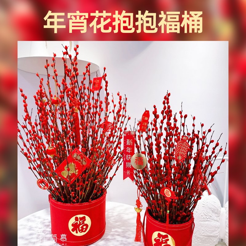 银柳抱抱桶真花鲜枝干枝客厅摆件红色花瓶花桶花束年宵花枝条装饰