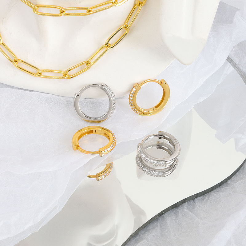 欧美奢华时尚潮人微镶锆石耳饰圆形圈圈耳扣简约气质个性百搭耳环