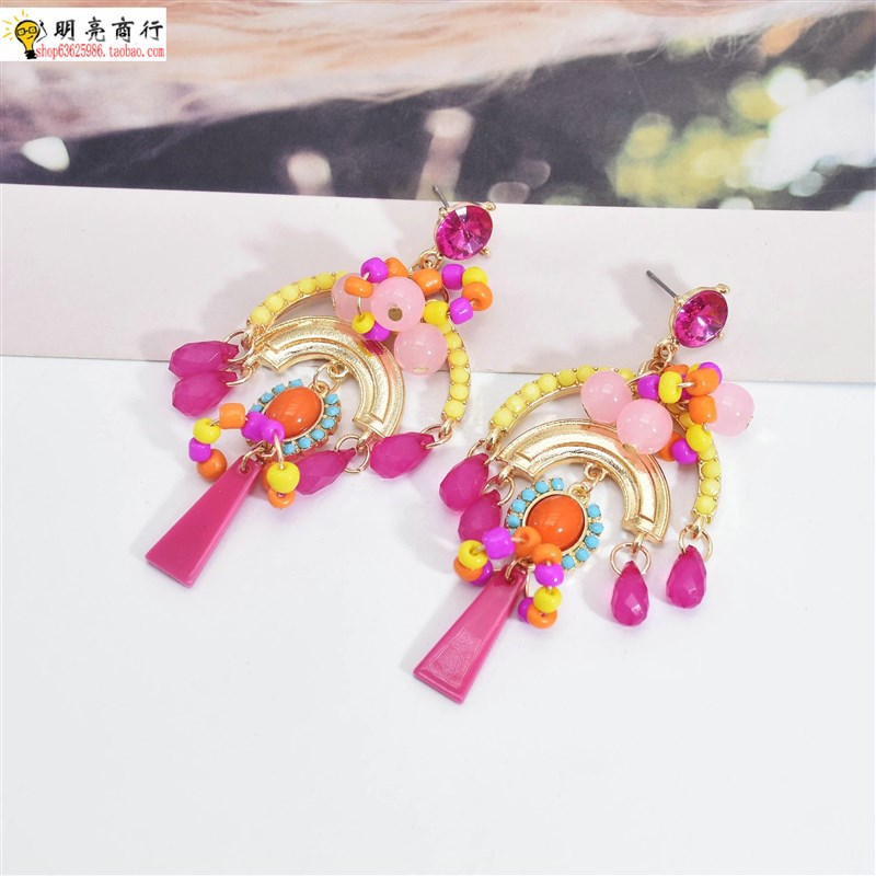 演戏波西米亚民族风米珠长版流苏耳环个性夸张树脂复古跨境耳饰