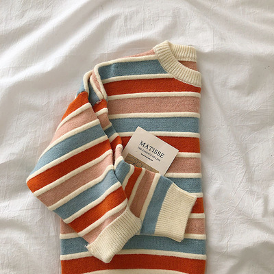 极速New Women Stripe Sweater Autumn Winter Loose Long Sleeve