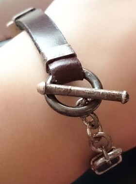 小懒猴 古董别致皮绳银制手錬手环手镯 vintage 2881