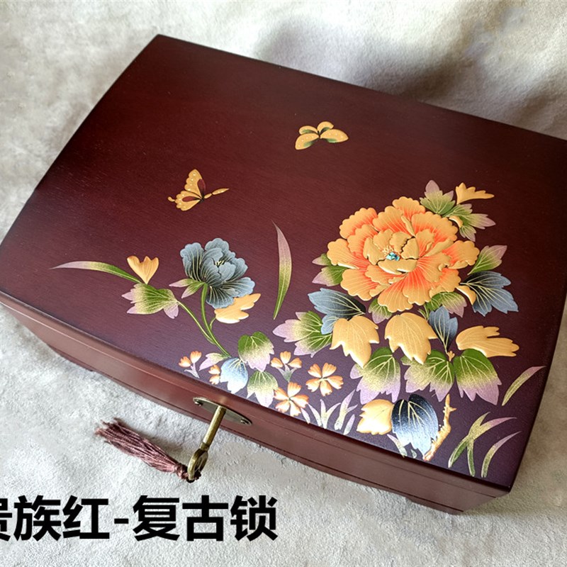 中式复古实木首饰盒双层大容量木质收纳饰品盒礼物彩绘首饰珠宝盒