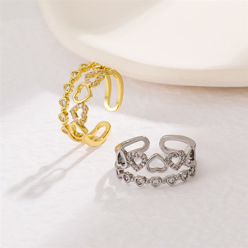 欧美ins双层爱心戒指女 时尚轻奢镶钻镂空心形开口食指戒个性戒指