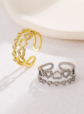 欧美ins双层爱心戒指女 时尚轻奢镶钻镂空心形开口食指戒个性戒指