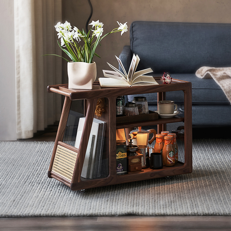 实木沙发边几小推车沙发边柜侧边柜客厅黑胡桃木可移动小茶几茶台