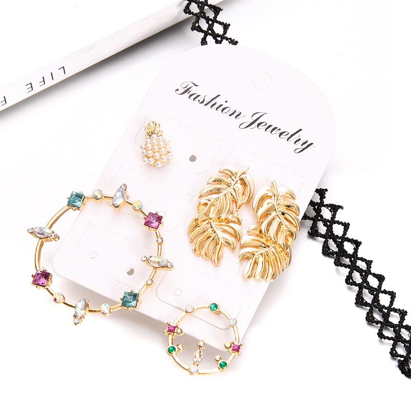 饰品 欧美波西米亚风镶几何彩色钻石时尚树叶凤梨耳饰个性配饰首