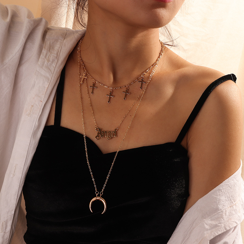 跨境欧美饰品 流行简约英文angel吊坠金属月牙十字架项链个性配饰