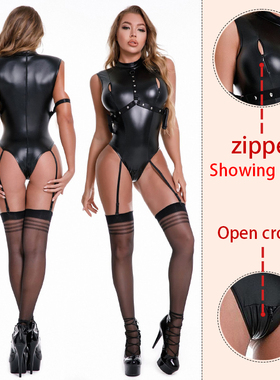 AIIOU Sexy Faux PU Leather Bodysuit with Sock Hot Erotic Wom
