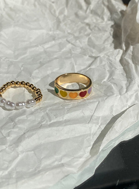 极速童趣彩虹爱心珍珠2件套戒指 小众设计小金珠弹簧开口戒复古高