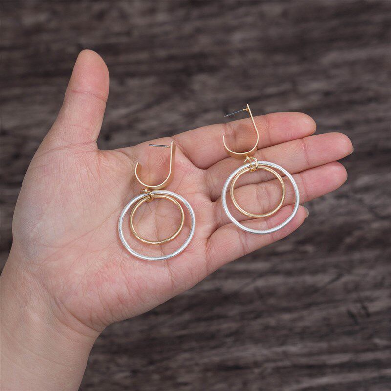 欧美跨境饰品个性圈圈符号金砂银耳环夸张几何形双色耳针耳饰女