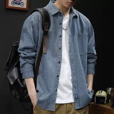 Blue striped denim shirt male long-sleeved jacket Spring and