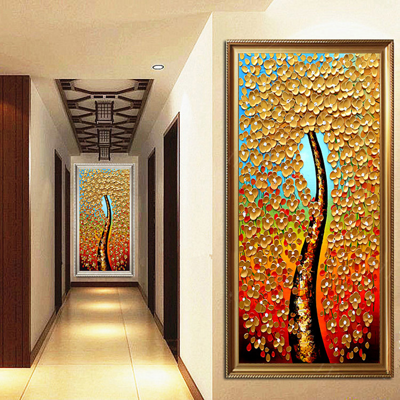 玄关装饰画发财树手绘油画现代简约客厅沙发墙画欧式走廊过道挂画