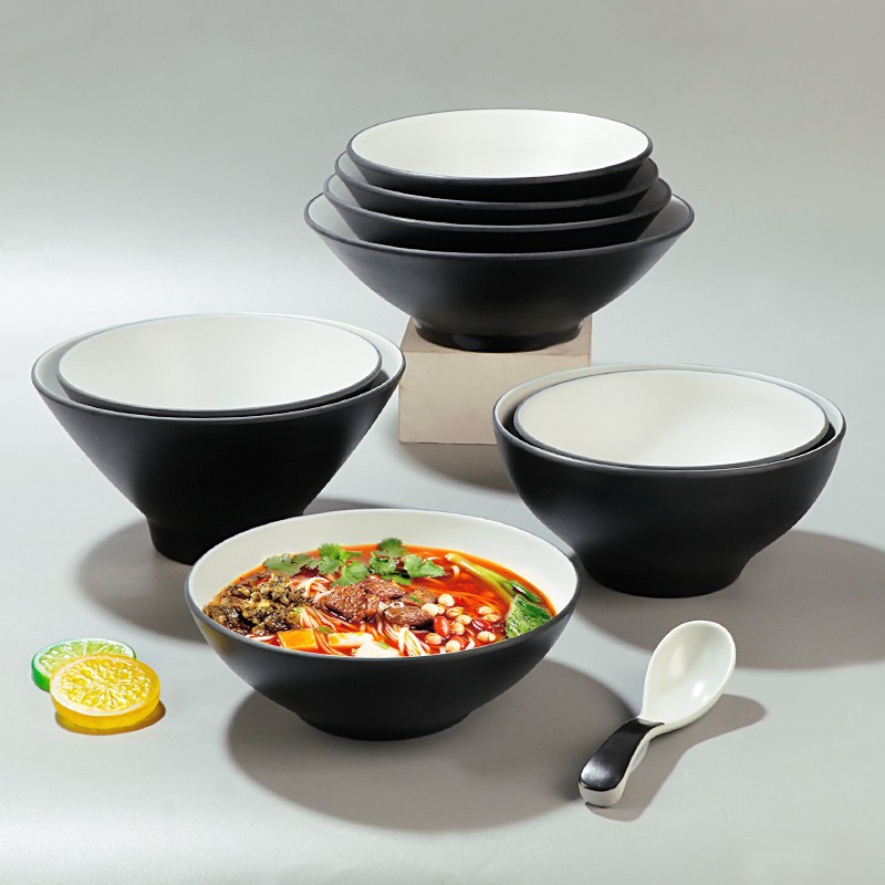 黑灰色商用日式拉面碗仿瓷汤粉米线麻辣烫大碗密胺拌饭斗笠喇叭碗