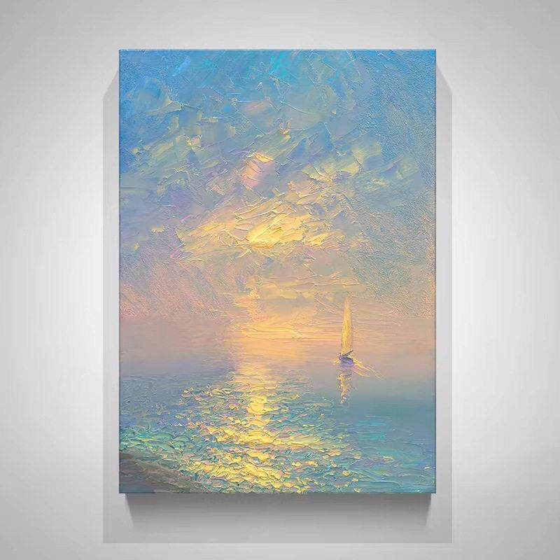 级感海上日出装饰画仿油画风景唯美帆船梦幻玄关卧室客厅摆挂画