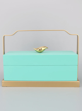 新中式化妆间收纳盒轻奢卧室床头柜客厅铜金属提篮蓝色首饰盒