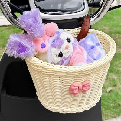 电动车挂包前置藤编车筐电瓶车自行车通用款多功能置物收纳筐神器