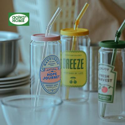 吸管杯女生高颜值夏日饮水杯子家用耐高温果汁杯易拉罐玻璃杯带盖