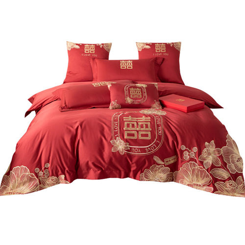 恒洽家纺结婚全棉纯棉婚庆床单四件套12G0支长绒棉被套床上用品1.