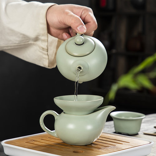 旅行茶具套装便携包带茶盘一壶z四杯开片汝窑陶瓷户外收纳包一体