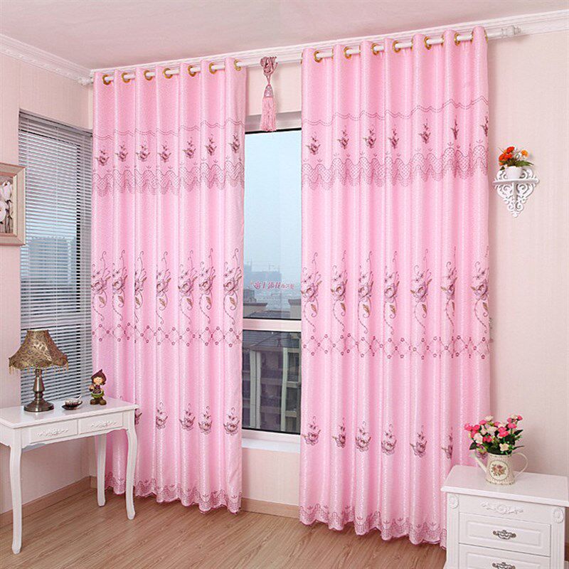 客厅窗帘布高g档大气绣花半遮光房间卧室简易米黄色欧式成品落地