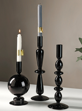 新古典简美c欧式家居客厅餐桌装饰黑色玻璃蜡烛台浪漫软装饰品摆