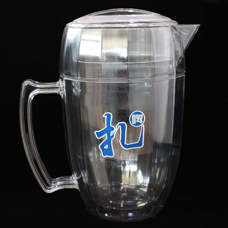 2L双层塑料扎啤壶PC双层隔热保温壶耐摔塑料啤酒壶手柄带盖尖嘴壶