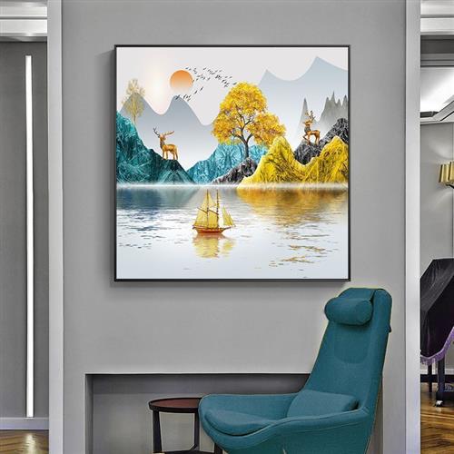 轻奢客厅装饰画单幅现代简约餐厅挂画方形进门玄关墙面壁画招财鹿图片