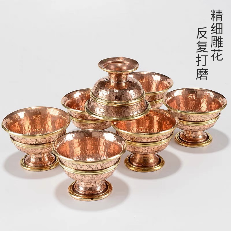 纯铜手工供水杯尼泊尔紫铜供水碗家用高脚水杯大中小号