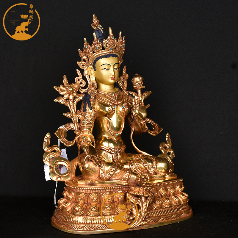 绿度母一尺尼泊尔手工篆刻紫铜全鎏金雕花藏传35厘米摆件铜像